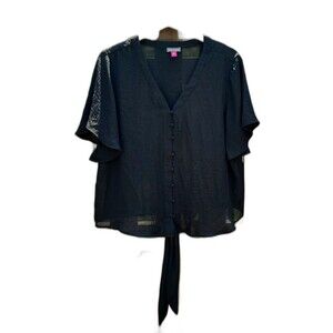 Women's Black Dark Academia V-neck Buttons Tied Waist Blouse Size XL